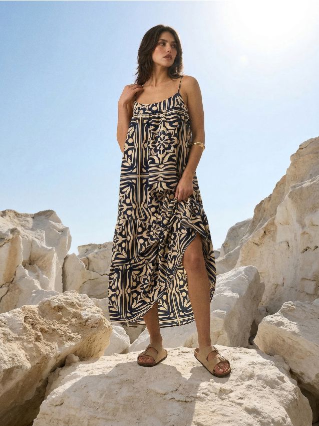 Sinsay - Rochie midi cu bretele, despicătură și din viscoză - multicolor