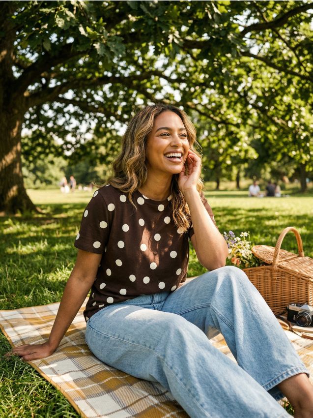 Sinsay - Bawełniana koszulka w kropki - brązowy