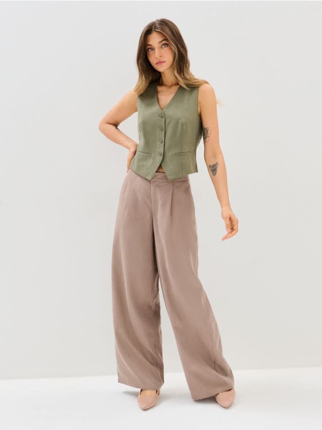 Sinsay - Pantaloni wide leg din lyocell cu amestec de in - bej