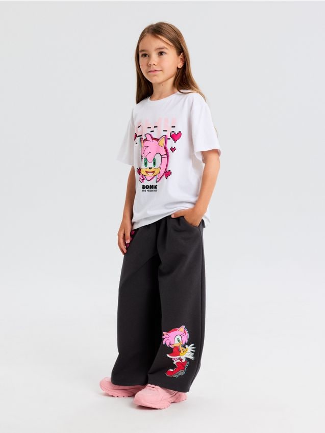 Sinsay - Pantaloni wide leg din bumbac Sonic the Hedgehog - gri-închis