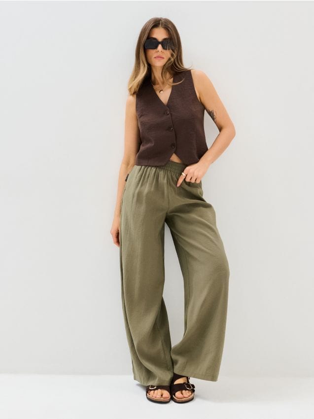 Sinsay - Pantaloni wide leg cu modal - verde-închis