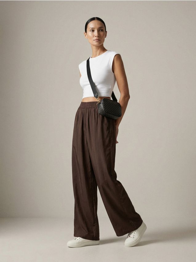 Pantaloni wide leg con modal - marrone scuro