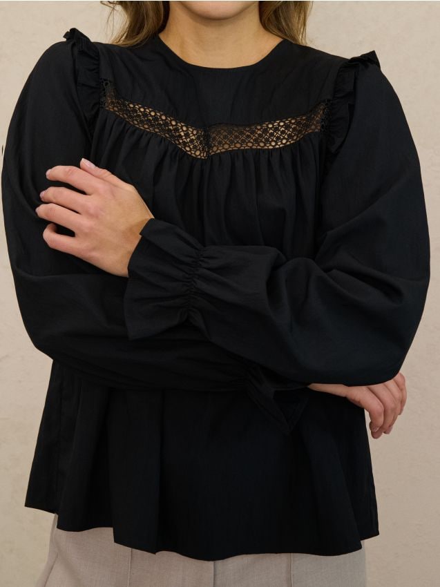 Sinsay - Bluza cu volane și inserție din dantelă - negru