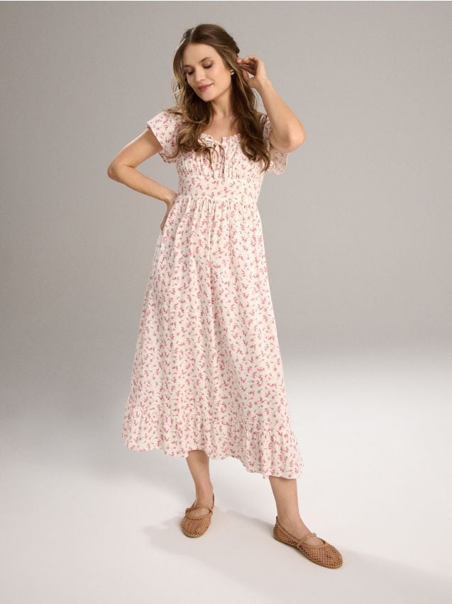 Sinsay - Rochie midi cu flori în stil cottage din viscoză - multicolor