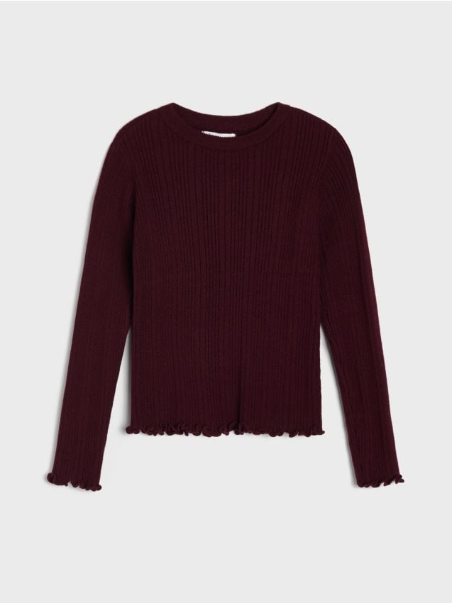 Sinsay - Pulover slim fit cu striații, cu volane decorative și viscoză - bordo