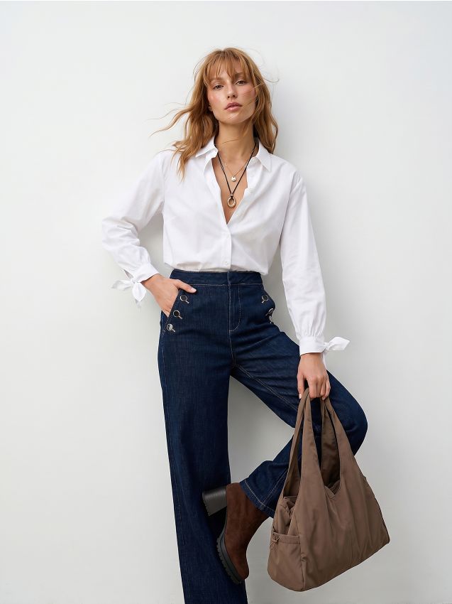Sinsay - Jeansy wide leg z ozdobnymi guzikami - niebieski
