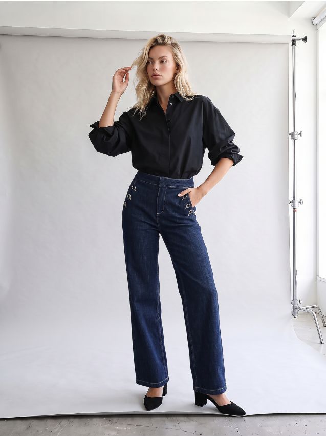 Sinsay - Jeansy wide leg z ozdobnymi guzikami - niebieski