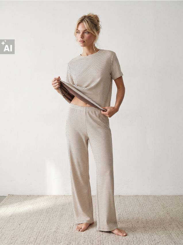 Sinsay - Pijama din două piese în dungi - nude