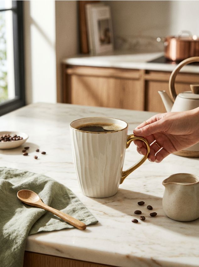 Sinsay - Cană striată cu margine aurie - alb