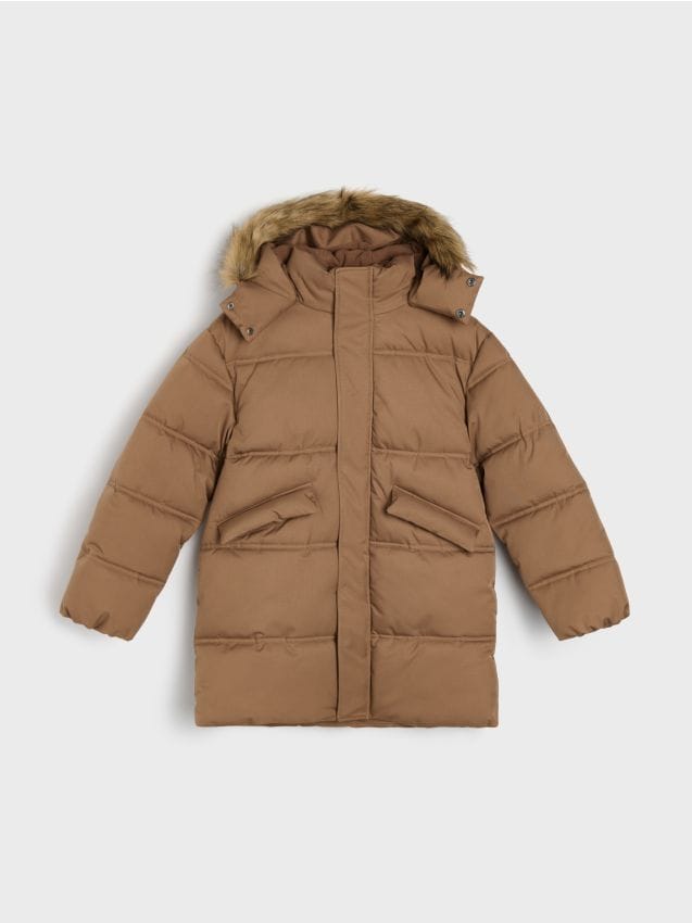 Sinsay - Geacă puffer lungă cu glugă finisată cu blană - brun-auriu