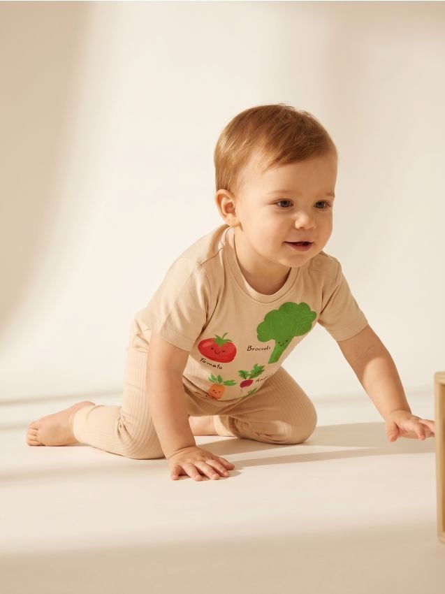 Sinsay - Pijama din bumbac din două piese cu imprimeu cu legume - bej