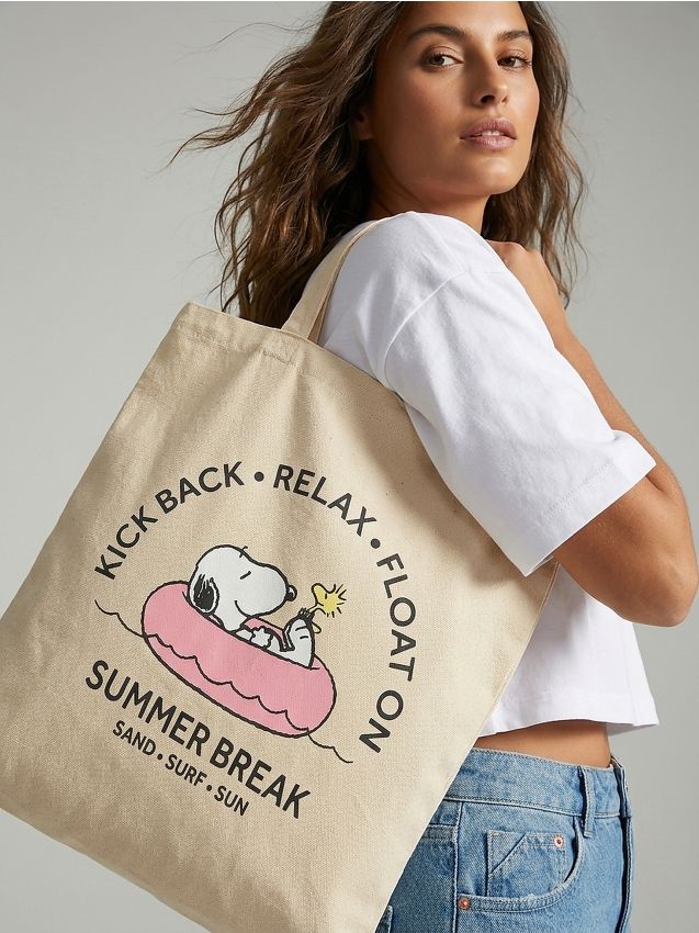 Borsa shopper in tessuto con stampa Peanuts - giallo chiaro