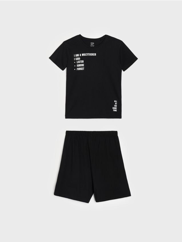 Sinsay - Pijamă din bumbac, două piese, cu mesaj - negru