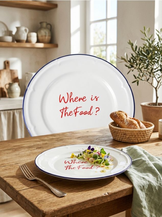 Sinsay - Farfurie ceramică cu inscripția Where is The Food? - albastru