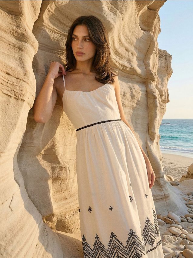 Sinsay - Rochie midi din bumbac cu detalii ajurate - alb