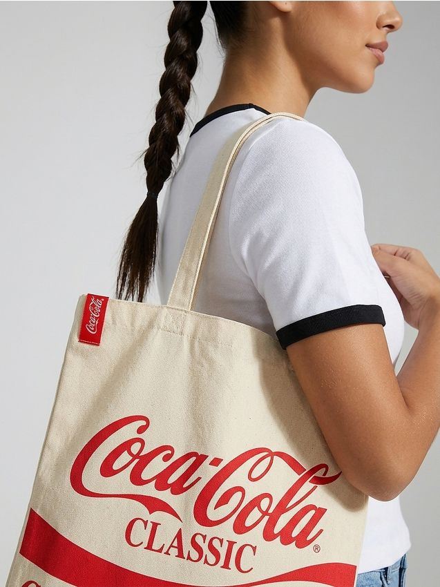 Borsa shopper in tessuto con stampa Coca Cola - panna