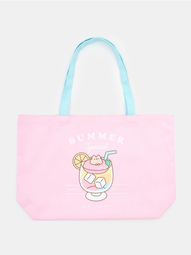 Sinsay - Geantă tote din material textil cu imprimeu Pusheen The Cat - roz-pastel