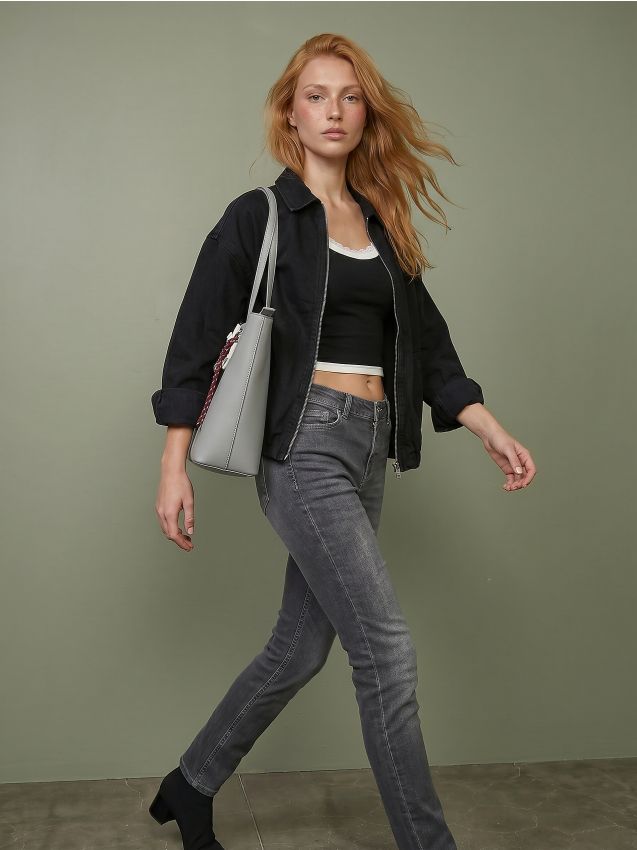 Sinsay - Blugi straight slim din bumbac cu efect prespălat - gri