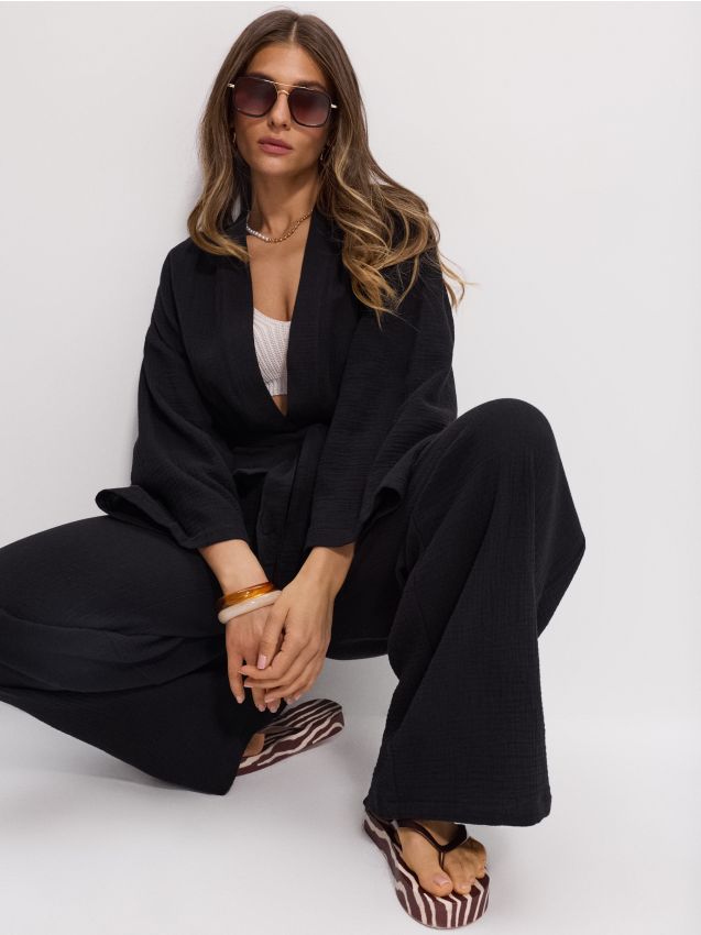 Sinsay - Bawełniane spodnie wide leg - czarny
