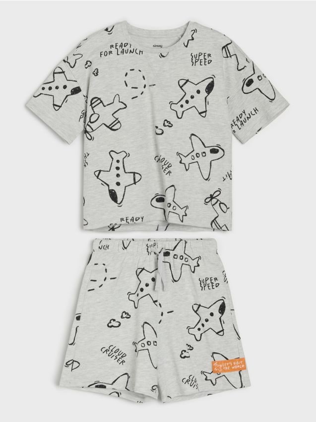 Sinsay - Pijama oversize din două piese cu imprimeu avioane - gri deschis