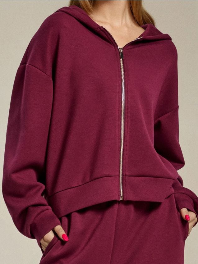 Sinsay - Hanorac cu fermoar și glugă soft touch - bordo