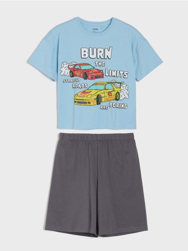 Sinsay - Pijama din bumbac din două piese cu imprimeu cu mașini - light blue