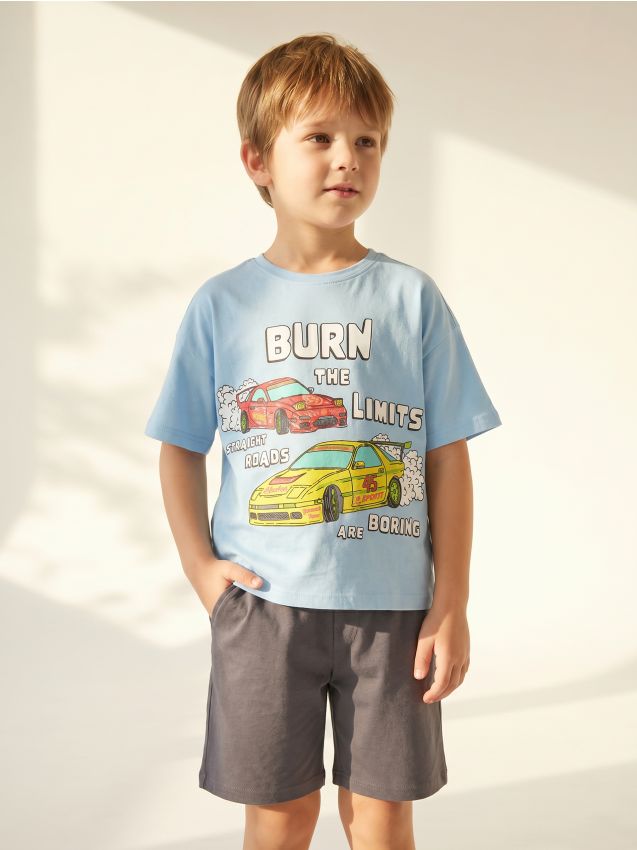Sinsay - Pijama din bumbac din două piese cu imprimeu cu mașini - light blue