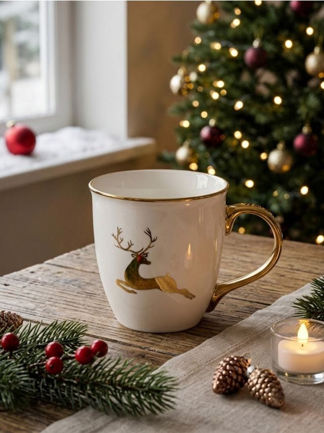 Sinsay - Cană ceramică de Crăciun cu motiv de ren și detalii strălucitoare - auriu