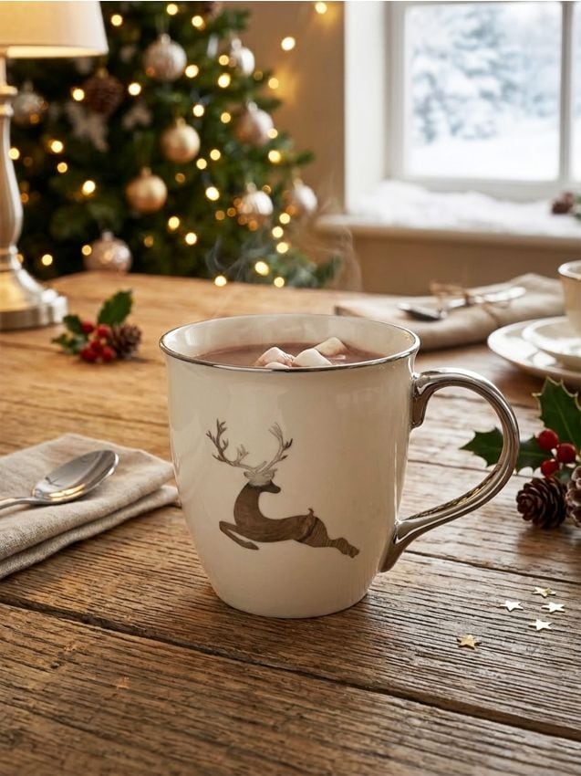 Sinsay - Cană ceramică de Crăciun cu motiv de ren și detalii strălucitoare - argintiu
