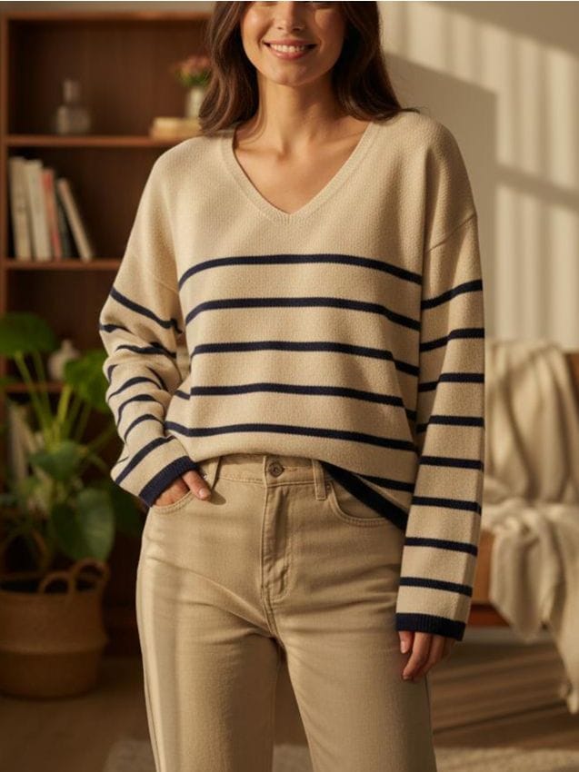Sinsay - Pulover în Dungi cu Decolteu în V - bej