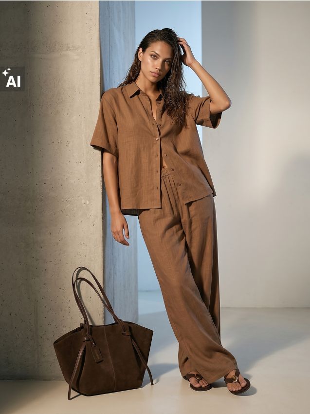 Sinsay - Pantaloni wide leg cu vâscoză și amestec de in - galben-pal