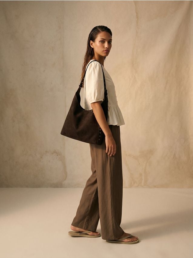 Sinsay - Pantaloni wide leg cu vâscoză și amestec de in - maro