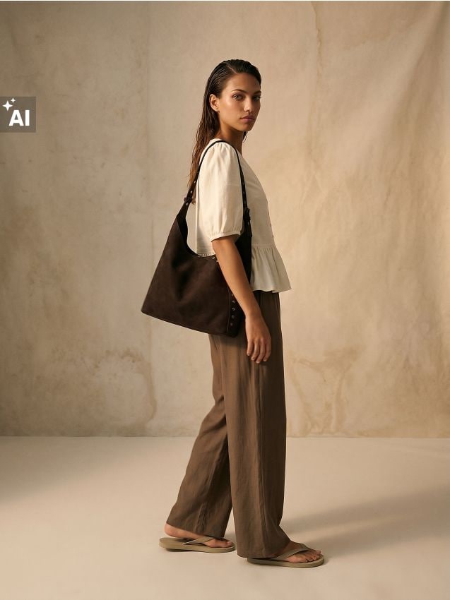 Sinsay - Pantaloni wide leg cu vâscoză și amestec de in - maro
