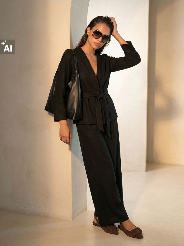 Sinsay - Pantaloni wide leg cu vâscoză și amestec de in - negru