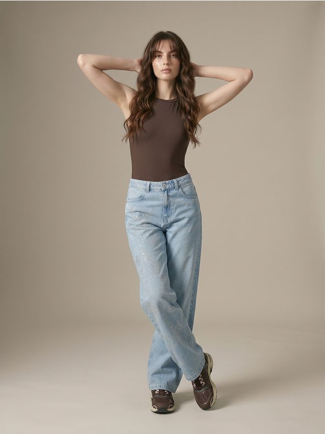 Sinsay - Jeans baggy cu aplicație strălucitoare pe picior - albastru