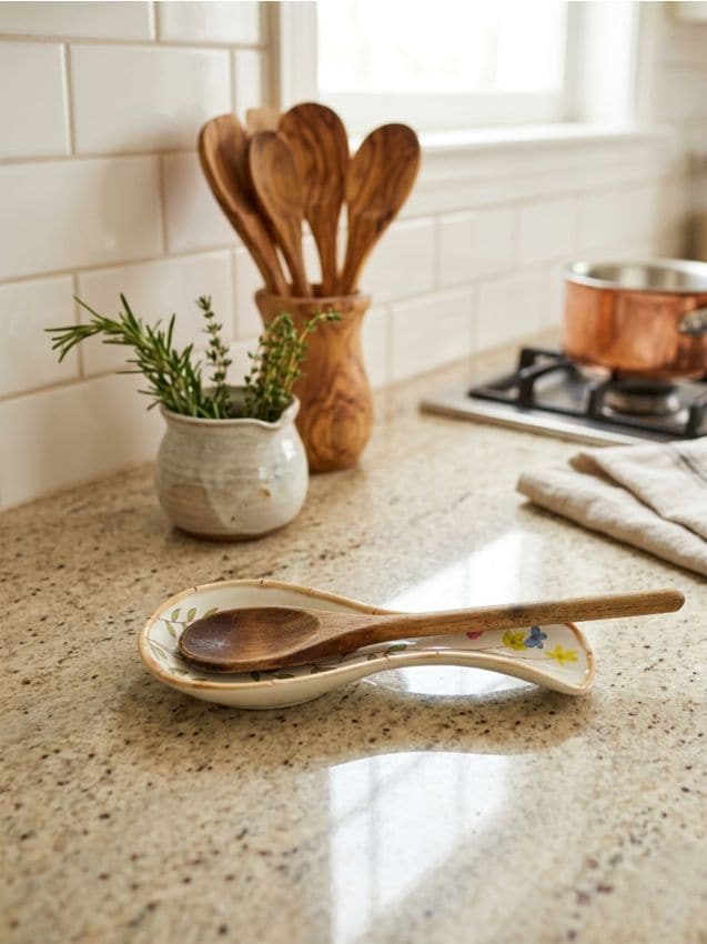 Sinsay - Suport ceramic pentru lingură cu motiv floral - crem