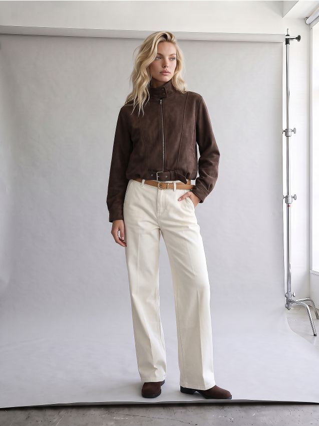 Sinsay - Jeans wide leg cu talie medie și curea - crem