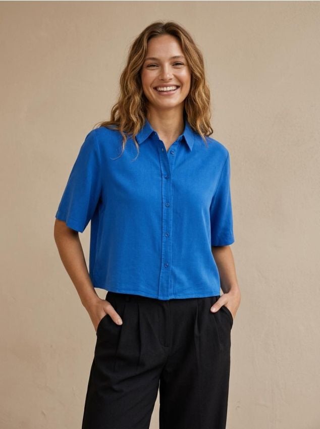 Sinsay - Cămașă cu mâneci scurte din lyocell - indigo