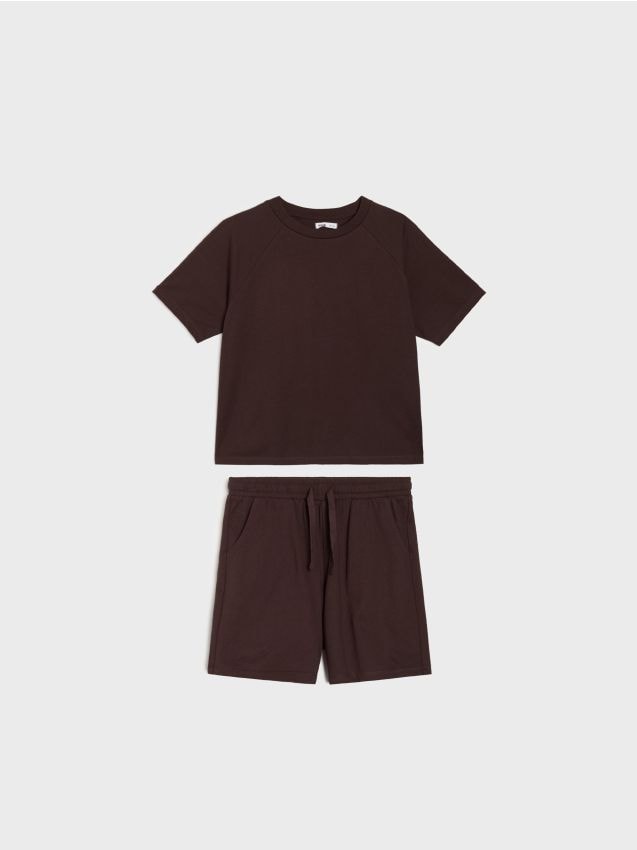 Sinsay - Bawełniany komplet: koszulka i szorty - brązowy