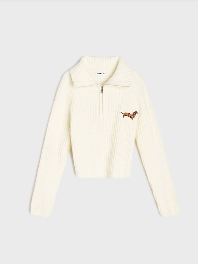 Sinsay - Pulover reiat half-zip cu broderie cu teckel - crem