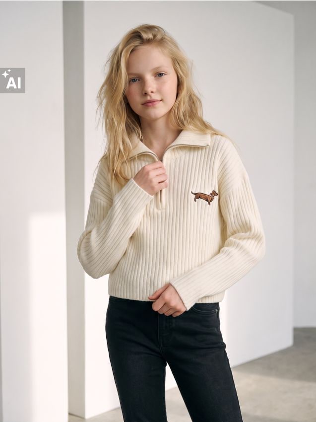 Sinsay - Pulover reiat half-zip cu broderie cu teckel - crem