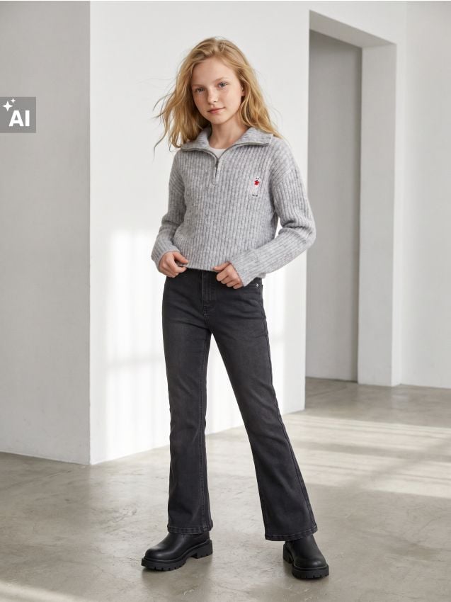 Sinsay - Pulover reiat half-zip cu broderie cu pudel - gri deschis