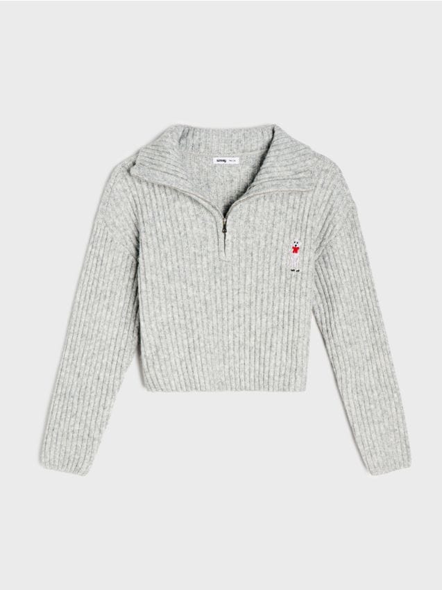Sinsay - Pulover reiat half-zip cu broderie cu pudel - gri deschis