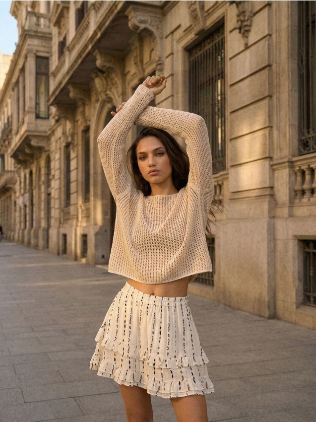 Sinsay - Fustă mini cu model, cu volane, vâscoză și amestec de in - multicolor