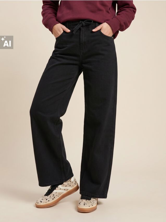 Sinsay - Blugi wide leg cu șnur de legare - negru
