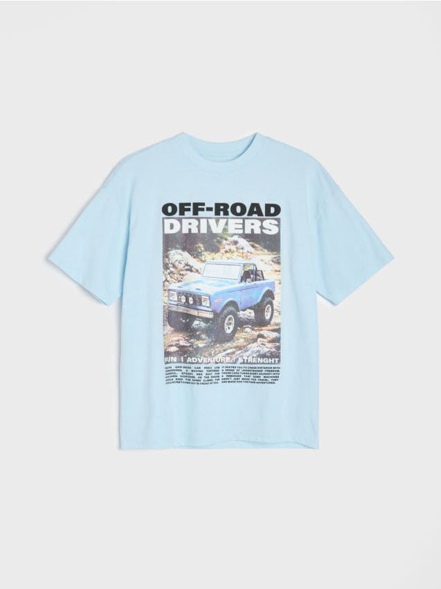 Sinsay - Tricou oversize din bumbac cu motiv de vehicul off-road - bej