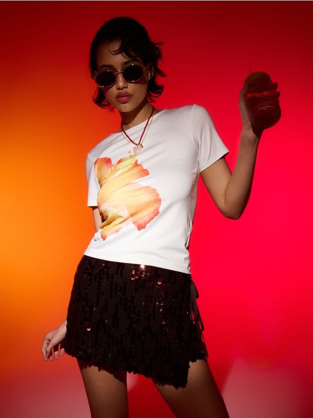 Sinsay - Tricou cu imprimeu floral - crem