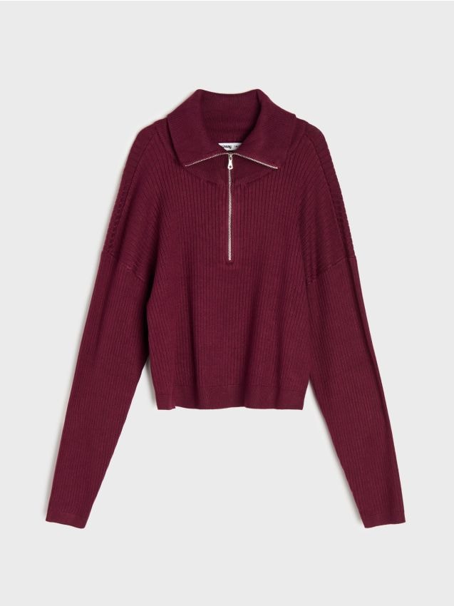 Sinsay - Pulover rib cu fermoar half-zip cu vâscoză - bordo