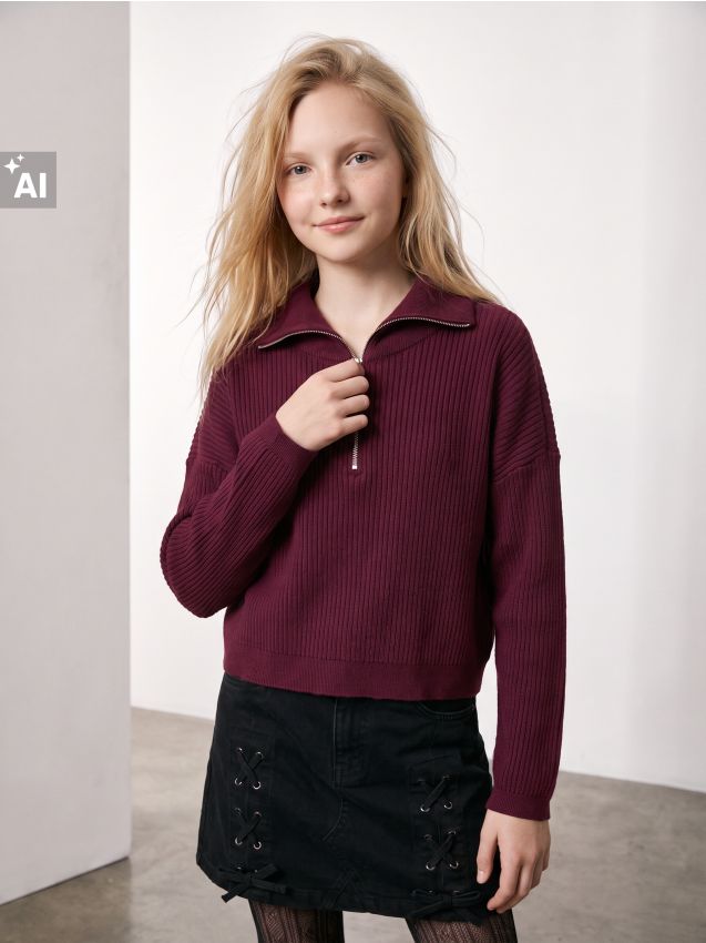 Sinsay - Pulover rib cu fermoar half-zip cu vâscoză - bordo
