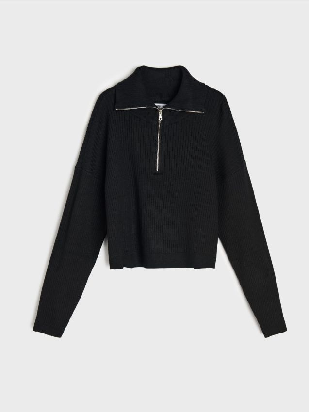 Sinsay - Pulover rib cu fermoar half-zip cu vâscoză - negru